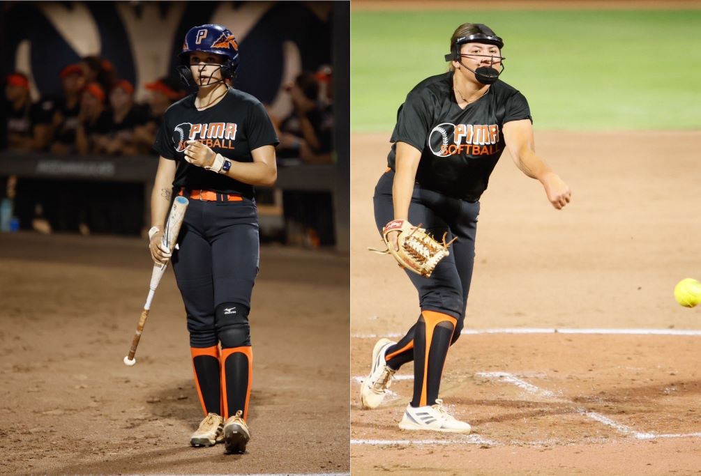 The Aztecs Softball team picked up two run rule wins in the first day of the El Paso CC Invitational. Freshman Talia Martin (Mountain View HS) went 4 for 7 with five runs scored, two RBIs and two home runs in the lead-off spot while freshman Jazmyne Waddell (San Manuel HS) pitched five innings, giving up one run (one earned) on three hits with two strikeouts and three walks in the second game win. The Aztecs are 6-5 overall. Photos by Stephanie van Latum.