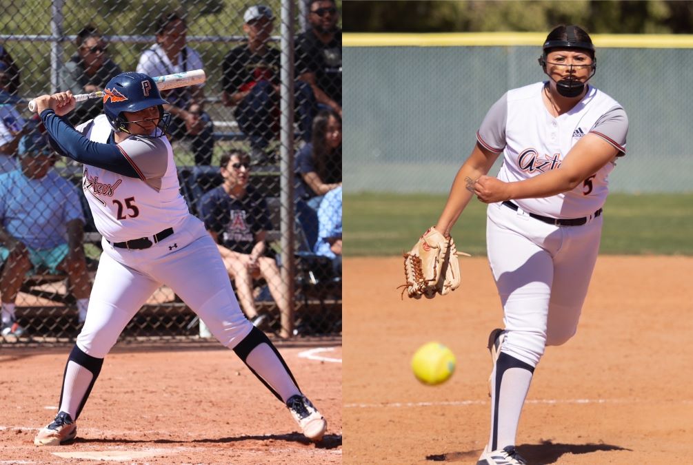 The Aztecs Softball team picked up an ACCAC conference road sweep on Tuesday as they beat South Mountain Community College 11-6 and 3-1. Sophomore Alexis Tsosie-Hood got the win on the mound and hit two home runs with six RBIs in the first game. Freshman Jazmyne Waddell pitched a complete-game, giving up one run (none earned) one one hit with four strikeouts in the second game. Photos by Steve Escobar and Stephanie van Latum