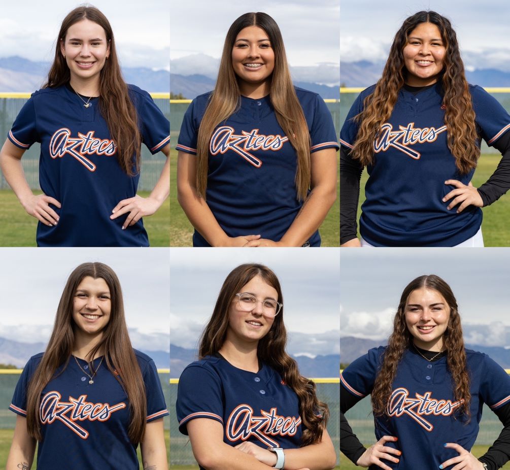 Aztecs softball featured six players on the All-Conference and five on the All-Region I, Division I team. Sophomore Camila Zepeda (Tucson Magnet HS) was named ACCAC Player of the Year. Jazmyne Waddell (San Manuel HS) was selected first team All-ACCAC. sophomore Alexis Tsosie-Hood, and freshmen Talia Martin and Aubrey Marx (Cienega HS) were named second team All-ACCAC. Zepeda, Waddell, Tsosie-Hood, Martin and Marx were named All-Region I, Division I. Sophomore Mallory Zylinski-Wrobel (Sahuarita HS) was named third team All-ACCAC. Photos by Stephanie van Latum