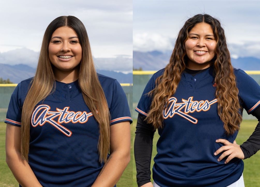 Freshman Jazmyne Waddell (San Manuel HS) and sophomore Alexis Tsosie-Hood swept the ACCAC Division I Player and Pitcher of the Week awards as their performances at Phoenix College earned them the honors. Waddell went 1 for 4 with an RBI and two runs scored in the second game while Tsosie-Hood pitched a complete game, giving up one earned run with five strikeouts and one walk. Photos by Stephanie van Latum