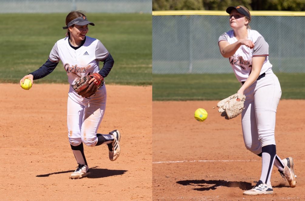 Sophomore Camilla Zepeda (Tucson Magnet HS) hit two home runs with six RBIs on the day while freshman Jessica Thompson (Tanque Verde HS) pitched a five-inning complete game, giving up one hit with 10 strikeouts as Pima softball won their sixth straight game after sweeping Glendale community College. The Aztecs are 15-8 overall and 4-2 in ACCAC conference play. Photos by Stephanie van Latum