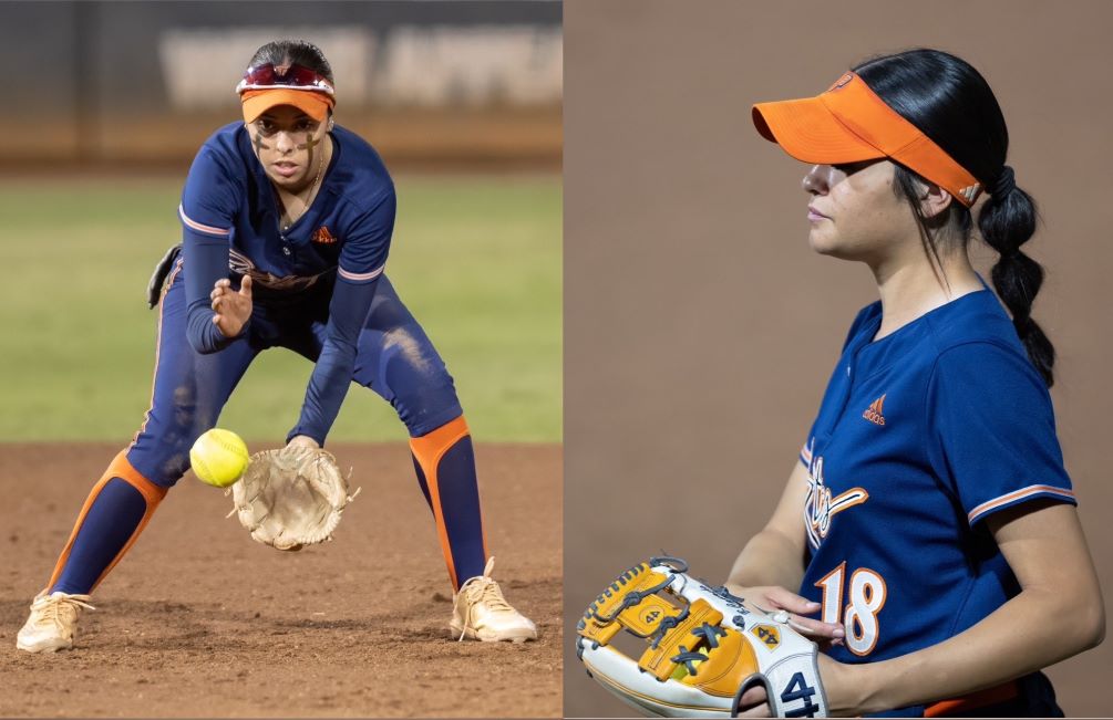 Sophomore Natalya Rivera (Sunnyside HS) finished 6 for 7 with four RBIs and four runs scored while freshman Belen Camacho (Pueblo HS) earned a win and a save as the No. 15 ranked Aztecs softball team won their first games of the season at the College of Southern Nevada Kickoff classic beating Utah State University-Eastern 9-7 and No. 8 ranked College of Southern Idaho (Division I) 12-9. The Aztecs close out play in Henderson, NV on Saturday. Photos by Stephanie van Latum