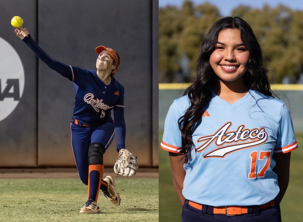 Sophomore Talia Martin finished the day 4 for 8 with four RBIs, two runs scored, two doubles and a home run while freshman Arianna Flores lost her no-hit bid in the 7th inning but got the win after throwing a complete-game, giving up one run (one earned) on one hit with 12 strikeouts and three walks as the No. 15 ranked Aztecs Softball team swept Mesa Community College to open ACCAC conference play. The Aztecs are 6-0 and 2-0 in ACCAC play. Photos by Stephanie van Latum