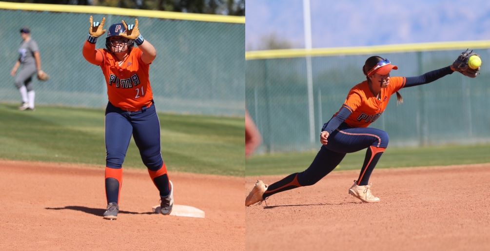 Freshman Jiselle Nunez was a flawless 4 for 4 with five RBIs, three runs and a grand slam in the first game while sophomore Natalya Rivera was 4 for 5 with four RBIs and four runs in two games as the No. 15 Aztecs softball team scored 36 runs to beat Paradise Valley Community College. The Aztecs are 10-0 overall and 6-0 in ACCAC conference play. Photos by Steve Escobar