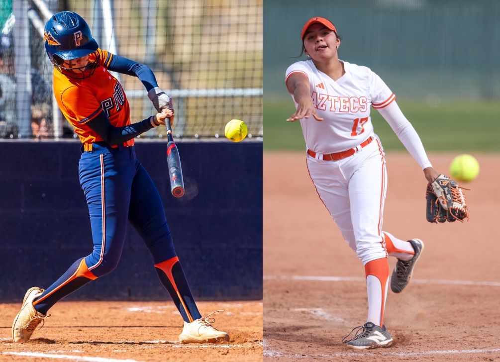 Sophomore Natalya Rivera (Sunnyside HS) earned national praise as she was named NJCAA Division II Player of the Week and also ACCAC honors after she hit four home runs with nine RBIs and seven runs scored while freshman Arianna Flores (Salpointe Catholic HS) earned her fourth straight selection as ACCAC Division II Pitcher of the Week. She threw 14 innings with 25 strikeouts, which included a no-hitter. Photos by Gilbert Alcaraz and Stephanie van Latum