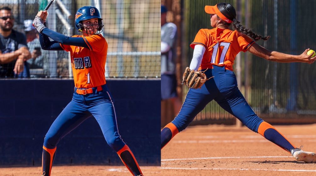 Sophomore Natalya Rivera (Sunnyside HS) hit three home runs and had six RBIs while freshman Arianna Flores (Salpointe Catholic HS) threw a no-hitter with 12 strikeouts and three walks as the No. 15 ranked Aztecs swept Scottsdale Community College 5-0 and 10-2 ending their eight-game winning streak. Photos by Gilbert Alcaraz