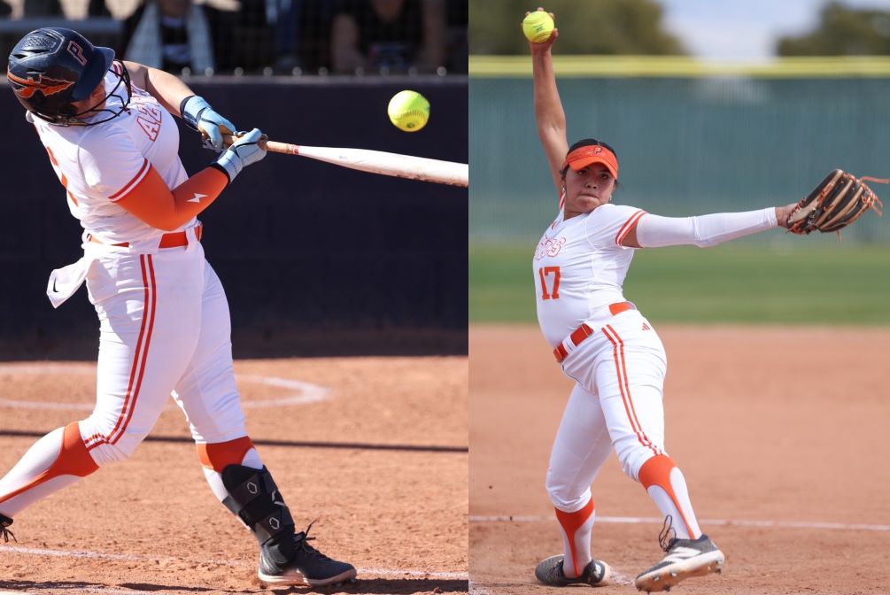 Freshman Jiselle Nunez (Tucson Magnet HS) closed out the day going 4 for 8 with six RBIs and four runs scored as fellow freshman Arianna Flores (Salpoiinte Catholic HS) threw a five-inning complete game, giving up two hits with 14 strikeouts and five walks as the No. 15 ranked Aztecs swept Glendale Community College 9-0 and 13-9. The Aztecs improved to 8-0 overall and 4-0 in ACCAC conference play. Photos by Stephanie van Latum