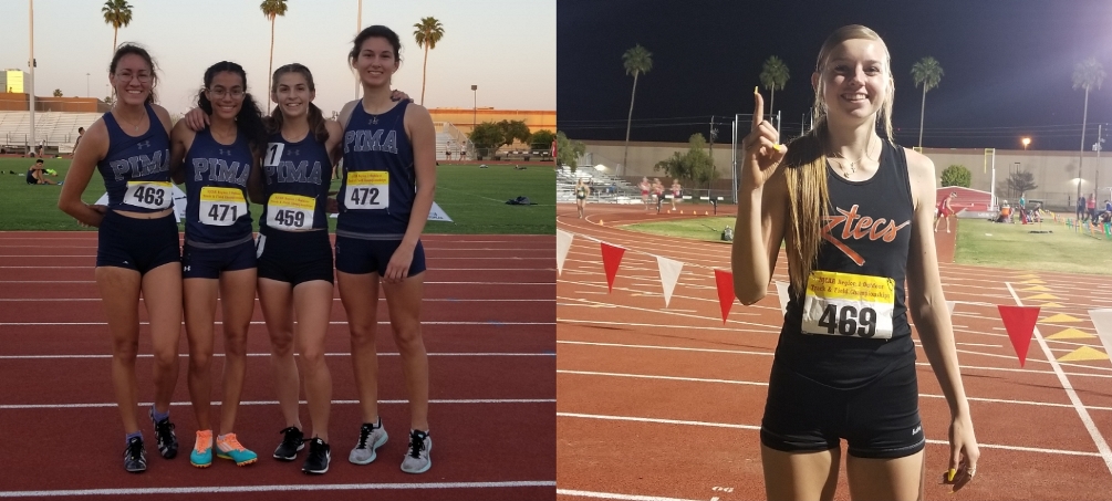 The Aztecs track & field team took home three region titles after the first day of the competition at the Region I Championships. Sophomore Katherine Bruno (third from the left) won the 3,000 meter steeplechase and was part of the 4x800 relay team (Kaylen Fox, Iriana Sanchez and Mary Siml). Sophomore Hailey Myles claimed the long jump crown. Photos by Raymond Suarez