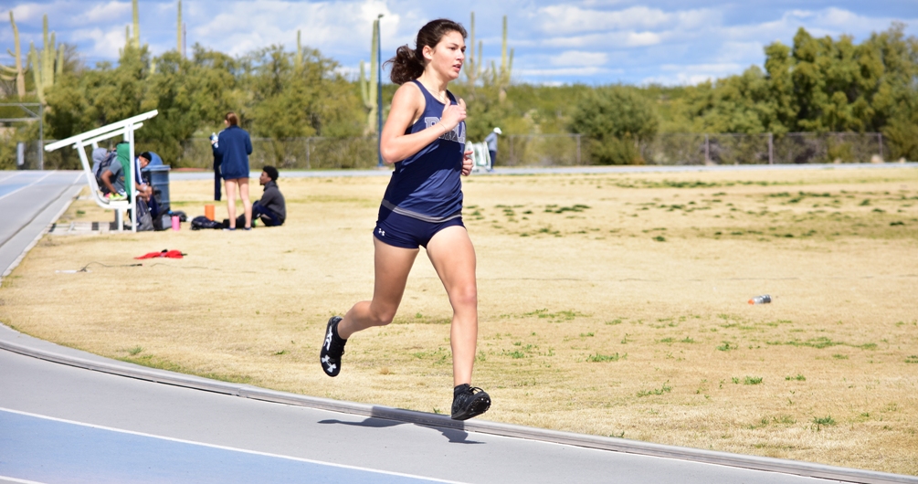 Freshman Mary Siml earned six total points for the Aztecs are the NJCAA Indoor National Championships. She broke the Pima school record in the 1,000 meters and even broke her own record with a time of 3:03.44. She was also part od the distance medley relay that took sixth with a time of 12:29.48. Photo by Ben Carbajal