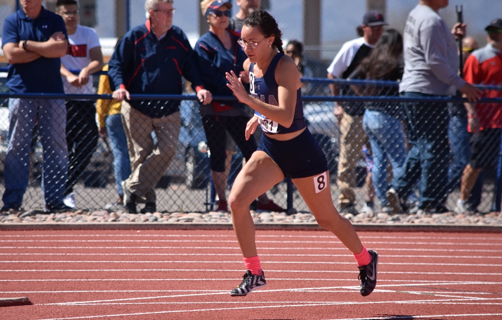 Sophomore Kaylen Fox (Sahuaro HS) set a national qualifying mark in the 800 meter race with a time of 2:21.59 on Friday at the Aztecs Outdoor Meet. Pima has set 11 national qualifying times and marks so far during the outdoor season. Photo by Ben Carbajal