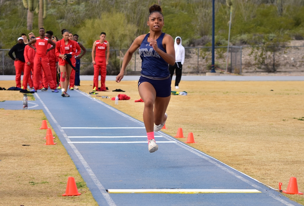 Freshman Raelynn Fair (South Mountain HS) improved on her national qualifier in the long jump finishing with a leap of 18-feet, 3-inches). She moved up three spots to No. 9 in the country. The Aztecs compete at the NJCAA Indoor National Championships next week in Pittsburg, KS. Photo by Ben Carbajal
