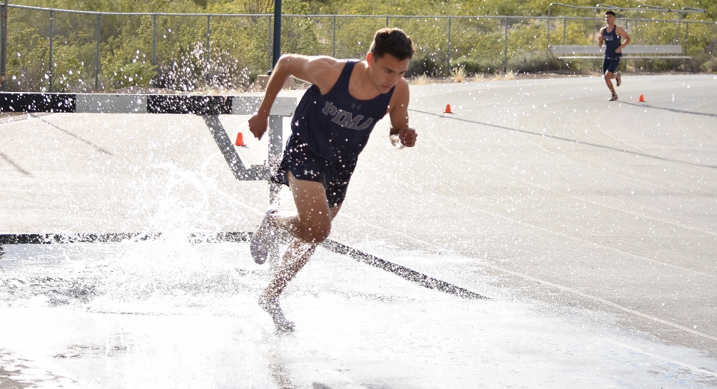Sophomore Luis Oviedo (Rio Rico HS) earned a national qualifying time in the 3,000 meter steeplechase on Saturday at the Triton Invitational. He finished the race with a time of 9 minutes, 52.26 seconds. The Aztecs have set 12 national qualifying marks in the outdoor season. Photo by Ben Carbajal