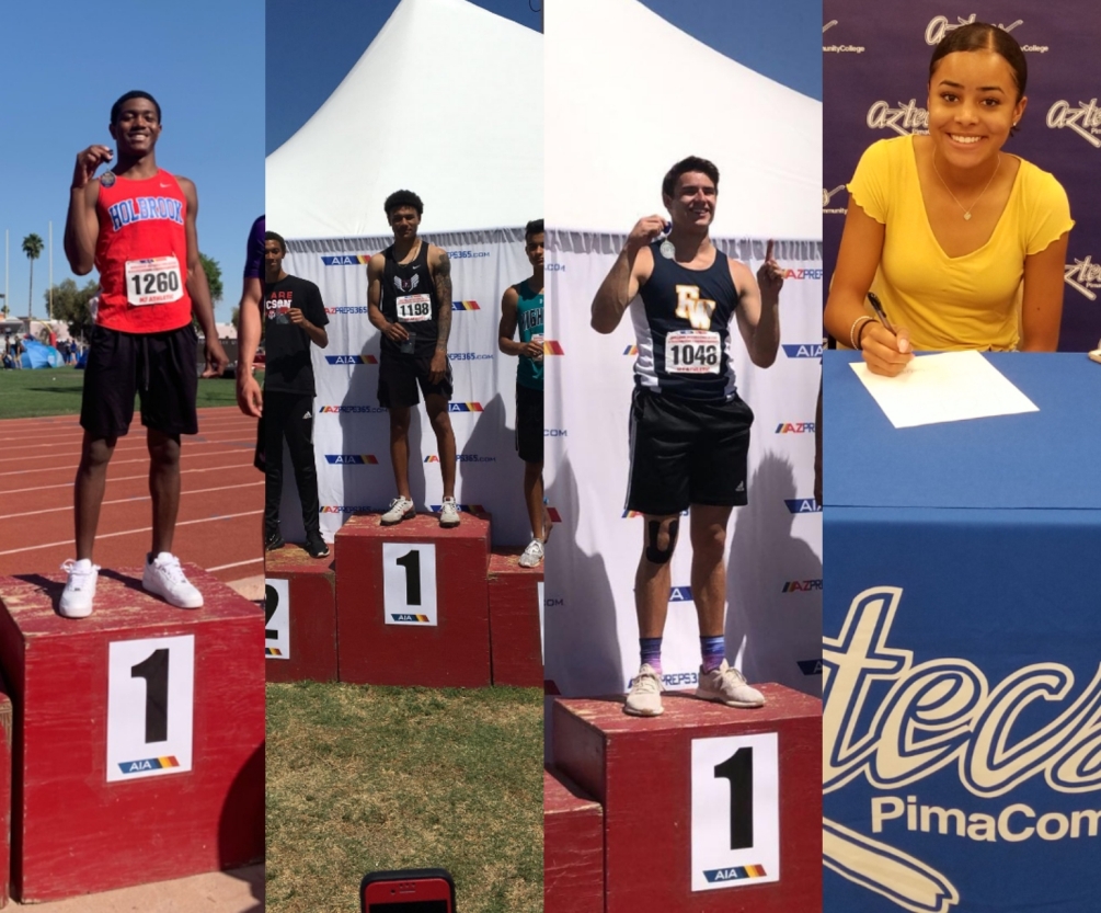 The Aztecs track & field team received commitments from jumpers Jeffrey Jones (Holbrook HS), Malik Whitaker (Hamilton HS), Mitchell Effings (Flowing Wells HS) and sprinter Cyanna LaVetter (Salpointe Catholic HS). Jumper photos courtesy of Chad Harrison. LaVetter photo by Raymond Suarez