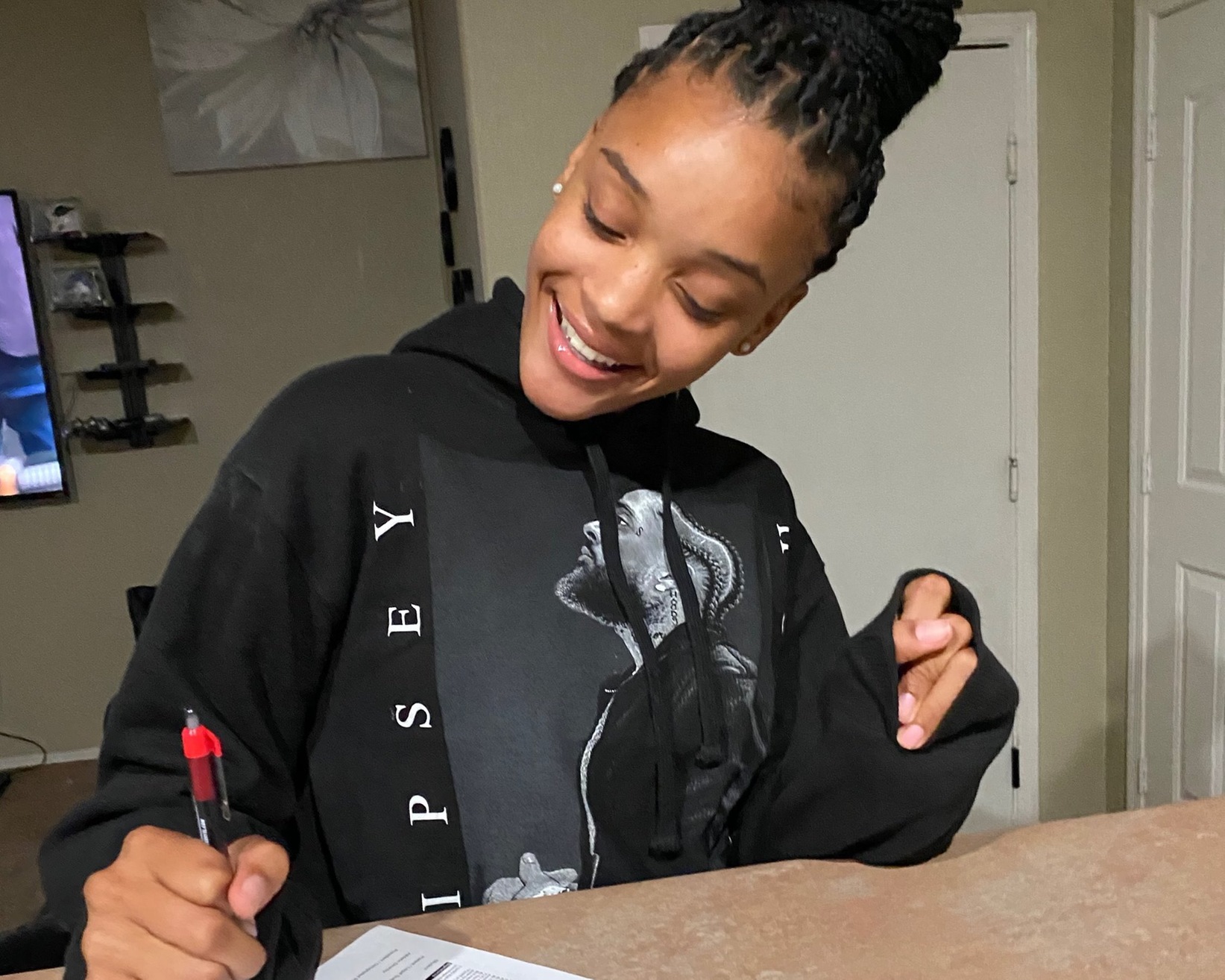 Cydaisia Miles (Copper Canyon HS), a jumper/sprinter signed to compete for the Aztecs track & field team. She set personal-records in the long jump (17-feet, 9inches) and the high jump (5-feet, 2-inches) this season. She set five PRs in sprinting events 2018. Photo courtesy of Cydaisia Miles
