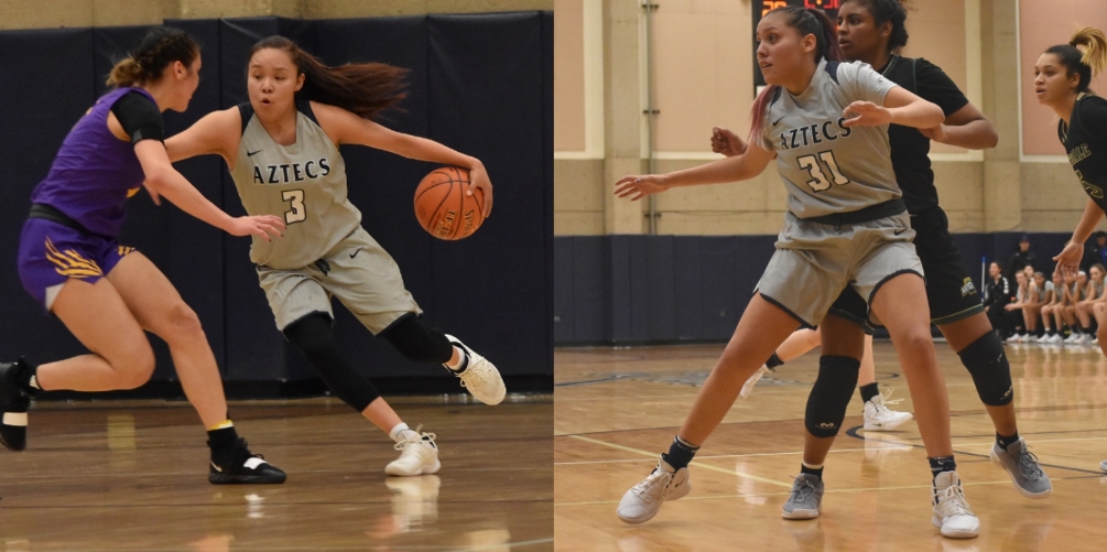 Sophomore guard Jacqulynn Nakai (Coconino HS) became the first Pima women's basketball player to be named ACCAC Player of the Year for both Divisions. Sophomore forward Shauna Bribiescas (Dobson HS) was named second team All-ACCAC and first team All-Region I, Division II. Photos by Ben Carbajal