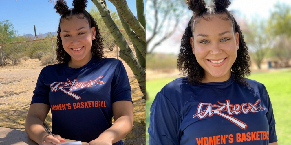 Aztecs women's basketball added transfer Nikya Orange (Tanque Verde HS) to the 2020 class. She played her freshman season at Cochise College where she averaged 6.6 points and 6.0 rebounds in 31 games for the Apaches. She averaged 16.0 points and 13.0 rebounds in her final two years of high school ball with the Hawks. Photos courtesy of Nikya Orange