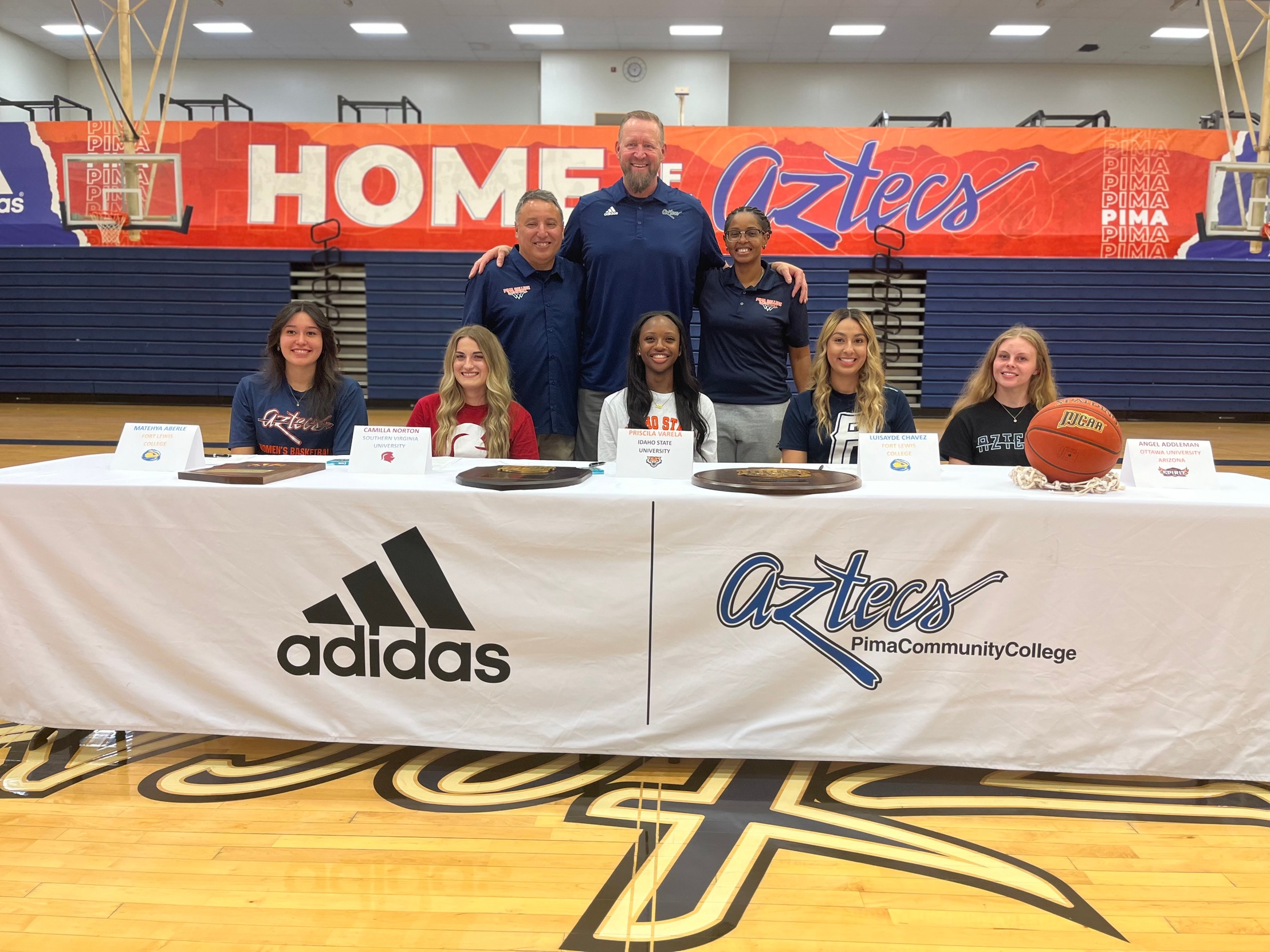 Five Pima Women's Basketball players signed their letters of intent to four-year institutions (left to right): Matehya Aberle (Fort Lewis College), Camilla Norton (Southern Virginia University), Priscila Varela (Idaho State University), Luisa Chavez (Fort Lewis College) and Angel Addleman (Ottawa University Arizona). Photo by Raymond Suarez