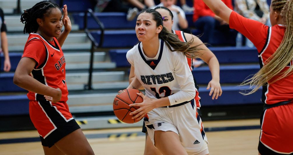Freshman Dominique Acosta (Nogales HS) scored a game-high 18 points off the bench as she went 6 for 9 from the field and 6 for 6 from the foul line in No. 13 Pima Women's Basketball's 86-51 win over Chandler-Gilbert Community College. The Aztecs have won 11 of their last 13 and are now 22-6 overall and 15-5 in ACCAC conference play. Photo by Stephanie van Latum