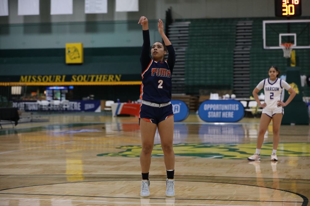 Freshman Rylei Waugh scored a season-high and new Pima Women's Basketball record of 43 points as the No. 13 seeded Aztecs defeated No. 10 Harcum College 98-87 to capture seventh place at the NJCAA Division II Tournament. She broke the NJCAA Tournament record (all three Divisions) of 20 made free throws (20-23) and 40 made free throws for the tournament. Photo by Shaun Buck/NJCAA