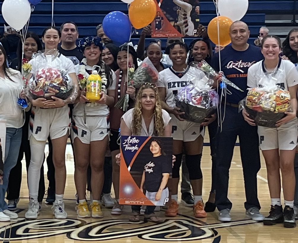 The No. 11 ranked Aztecs women's Basketball team beat South Mountain Community College 83-47 for their 11th straight win. (Left to right): Sophomores dominique Acosta, Taina Lee, Knowledge Smith, Rayn Holton and Jordan Joe were recognized at halftime. The Aztecs are 23-6 overall and 18-4 in ACCAC conference play. They close the regular season on Monday in Thatcher. Photo by Ray Suarez