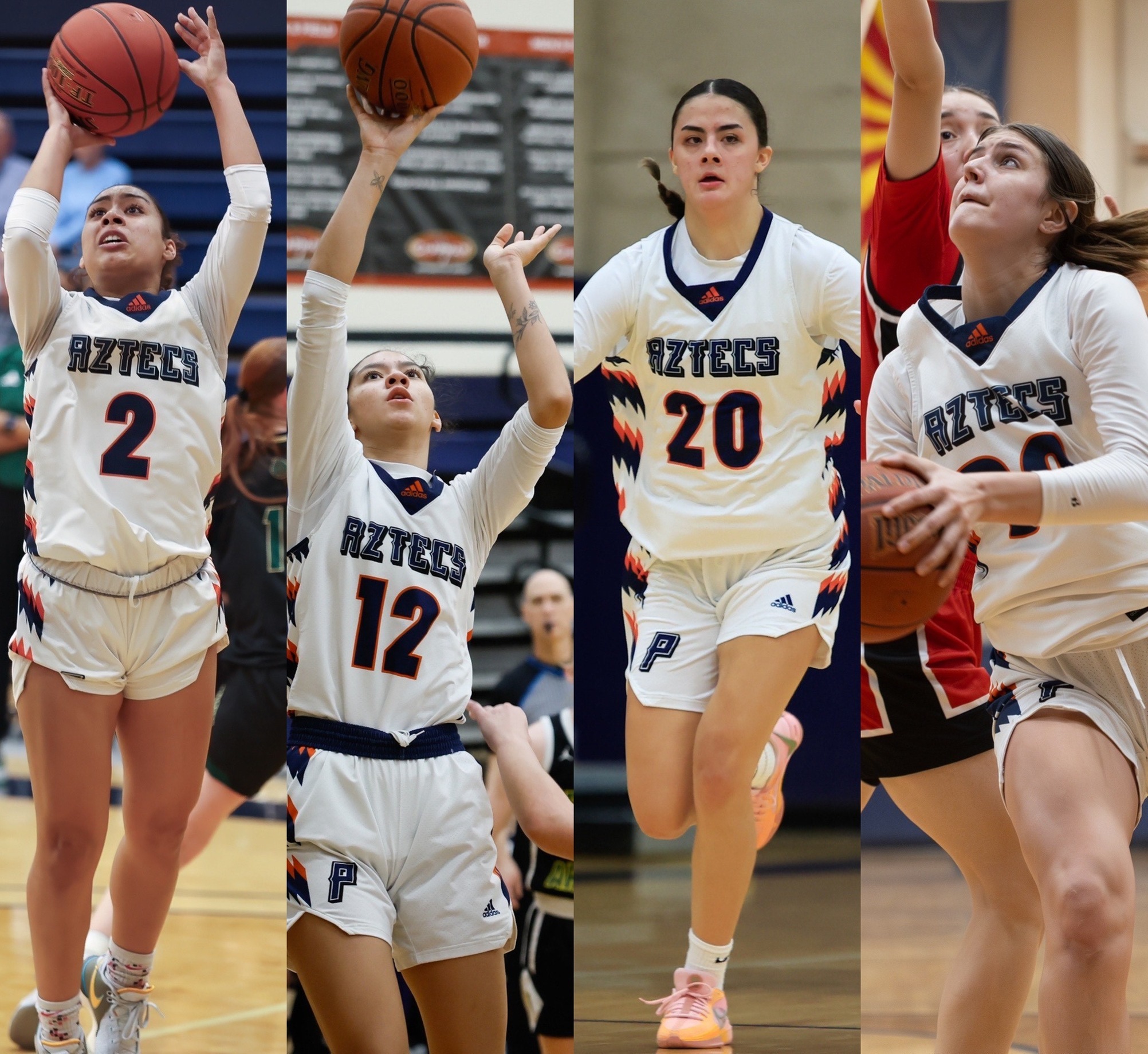 The Aztecs Women's Basketball team was well represented on the All-ACCAC and All-Region Teams. Freshman Rylei Waugh was named ACCAC Division II Player of the Year. Sophomore Dominique Acosta was named First Team All-ACCAC and Second Team All-Region. Freshman Gabby Lopez was selected ACCAC Division II Defensive Player of the Year. Freshman Rori Hoffmeyer earned Second Team All-ACCAC honors. Photos by Stephanie van Latum