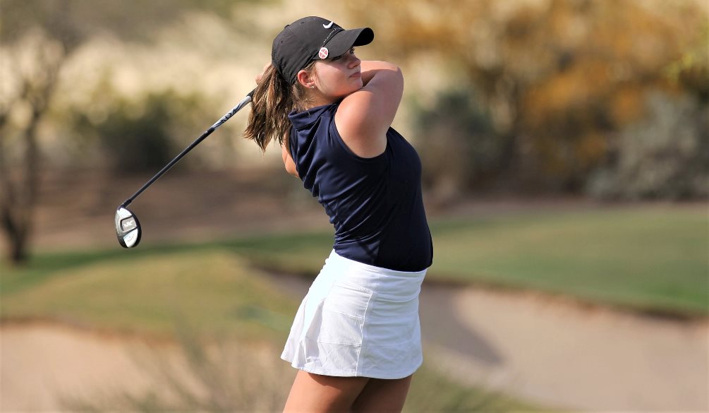 Sophomore Elizabeth Satterfield (Ironwood Ridge HS) was one of three Aztecs women's golfers to finish in the top 10. She rounded out the top 10 as she shot a 195 (101-94). The Aztecs finished in second place in the final team standings. Photo by Rick Price