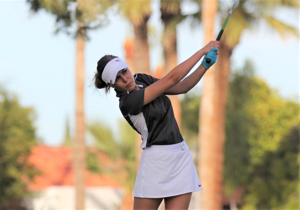 Freshman Katelyn Hutchison (Cienega HS) shot a season-best 181 (93-88) as she took sixth place in the individual standings. The Aztecs took second place for the fourth straight tournament. Photo by Rick Price.