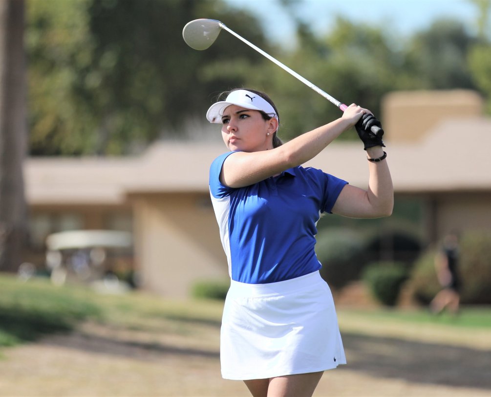 Sophomore Julienne Gonzalez (Ironwood Ridge HS) finished in the top 10 of the individual standings as she took ninth with a two-day total of 199 (97-102). The Aztecs took second place in the teams standings for the second straight tournament. Photo by Rick Price.