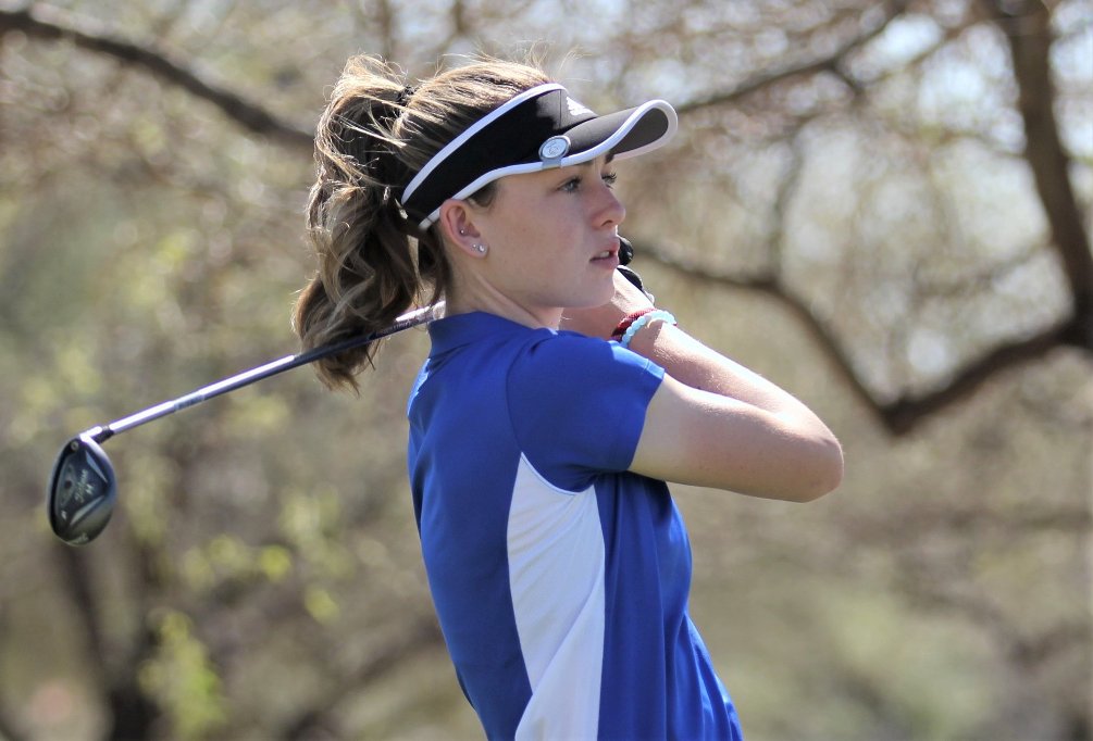 Freshman Hallie Lawson (Campo Verde HS) finished tied for fifth place at the Paradise Valley Invitational on Tuesday. She shot a two-day total of 184 (91-93) at the Wildfire Golf Course in Phoenix. The Aztecs qualified for the NJCAA Women's Golf Championship from May 13-16 in Daytona Beach, FL. Photo by Rick Price