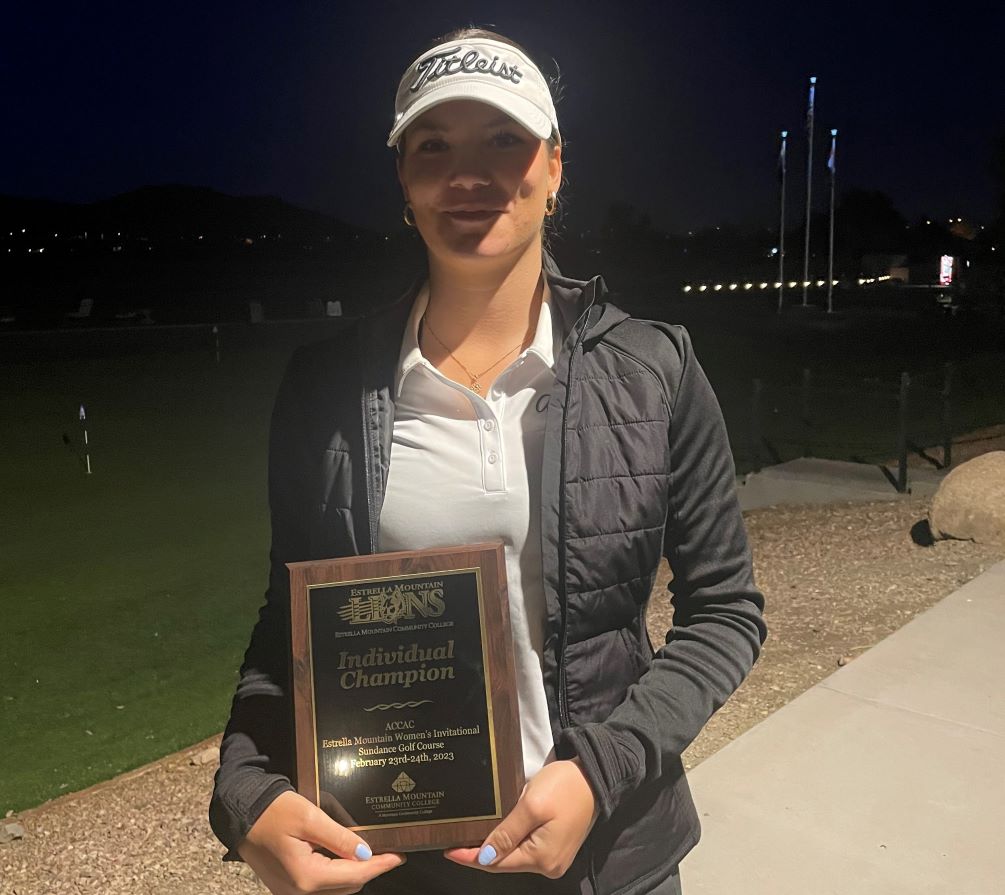 Sophomore Maria Harrouch took home her second straight individual title of the season as she was tops at the Estrella Mountain Invitational with a two-day total of 149 (74-75). She won by 10-strokes over South Mountain Community College player Kylie Rehberger. Photo courtesy of Marcus Smith