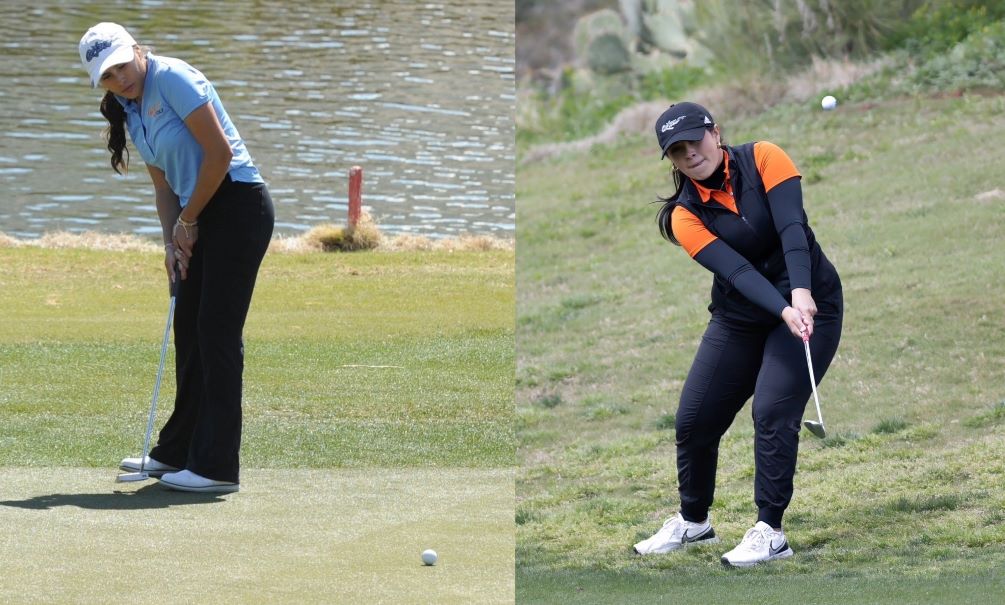 Aztecs women's golfers Myranda Moreno (Tucson Magnet HS) and Kayley Yanez (Marana HS) finished play in the Southwest District Tournament in Weatherford, TX. Moreno placed 32nd with a three-round total of 252 (82-86-84) and Yanez closed out the tournament in 33rd place with a 253 (89-82-82). They await to see if they advance to the NJCAA Division I National Championships on May 19-24 at the Duran Country Club in Melbourne, FL. photos by Ray Suarez and Stephanie van Latum