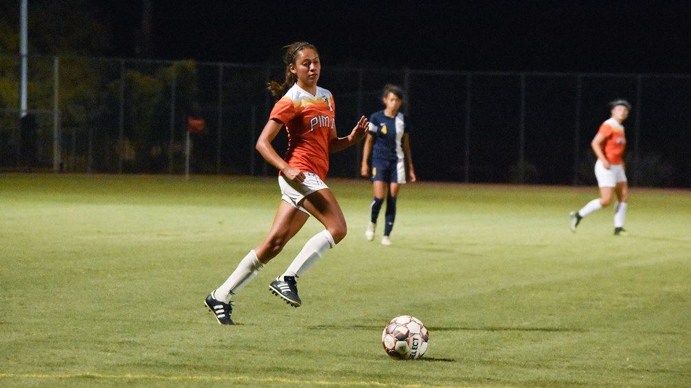 Sophomore Paola Ruedaflores (Nogales HS) scored the golden goal in the 105th minute to give the Aztecs a 2-1 win over South Mountain Community College. The Aztecs improved to 7-6-3 on the season. Photo by Ben Carbajal