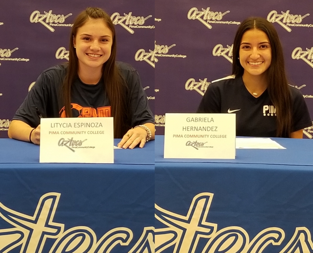 Litycia Espinoza (Sahuarita HS) and Gabriela Hernandez (Ironwood Ridge HS) joined the 2019 women's soccer class on Thursday as they signed their letters of intent. They join Alexandra Suckell and Miliani Rivera as incoming freshman. Photo by Raymond Suarez