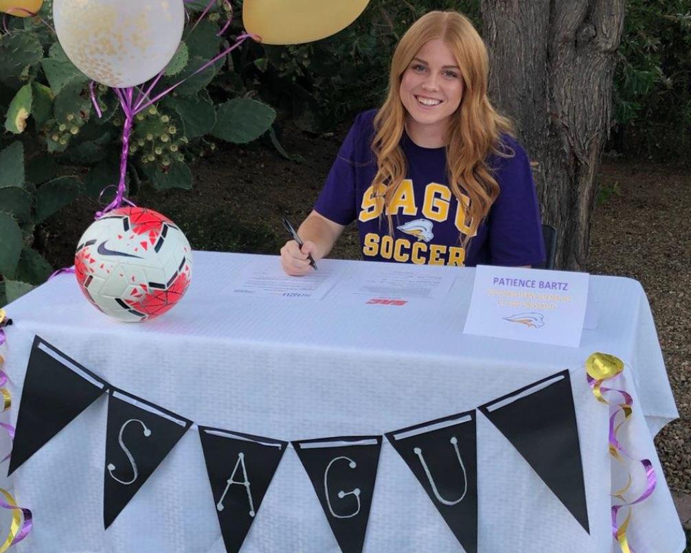 Aztecs women's soccer player Patience Bartz (Mountain View HS) signed her letter of intent to play at Southwestern Assemblies of God University, an NAIA school in Waxahachie, TX. She earned NJCAA All-Academic Second Team honors as a freshman. Photo courtesy of Patience Bartz