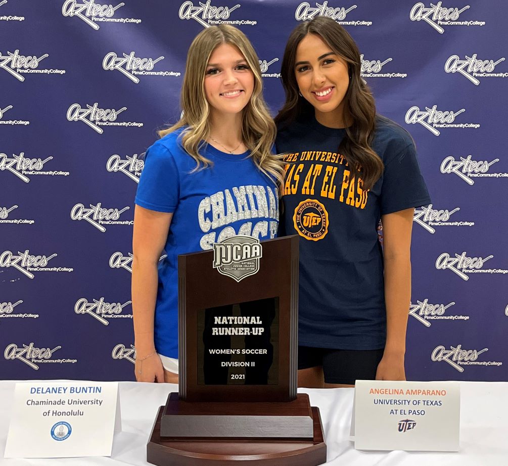 Sophomores Delaney Buntin (Cienega HS) and Angelina Amparano (Salpointe Catholic HS) signed their letters of intent to play at four-year institutions. Buntin signed with NCAA Division II school Chaminade University of Honolulu and Amparano signed with University of Texas at El Paso. Photo by Raymond Suarez