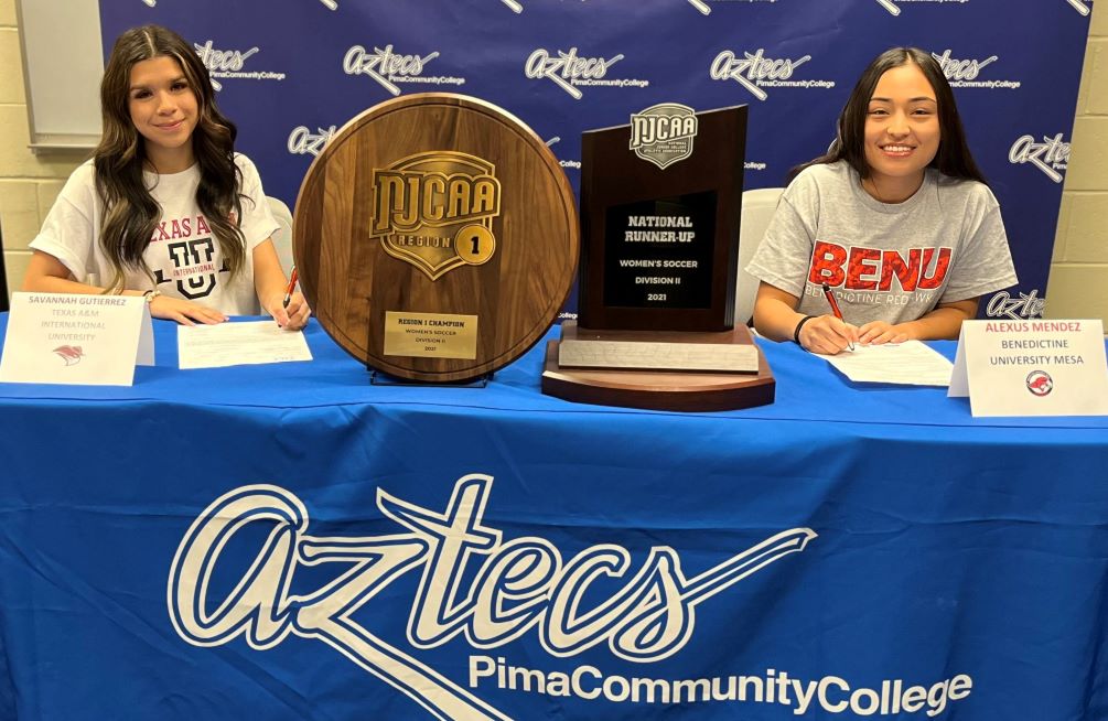 Women's soccer sophomore defenders Savannah Gutierrez (Tucson Magnet HS) and Alexus Mendez (Tucson Magnet HS) committed to continuing their educational and collegiate soccer careers at the four-year university level. Gutierrez will play at Texas A&M International University in Loredo, TX and Mendez will continue on at Benedictine University at Mesa. Photo by Ray Suarez