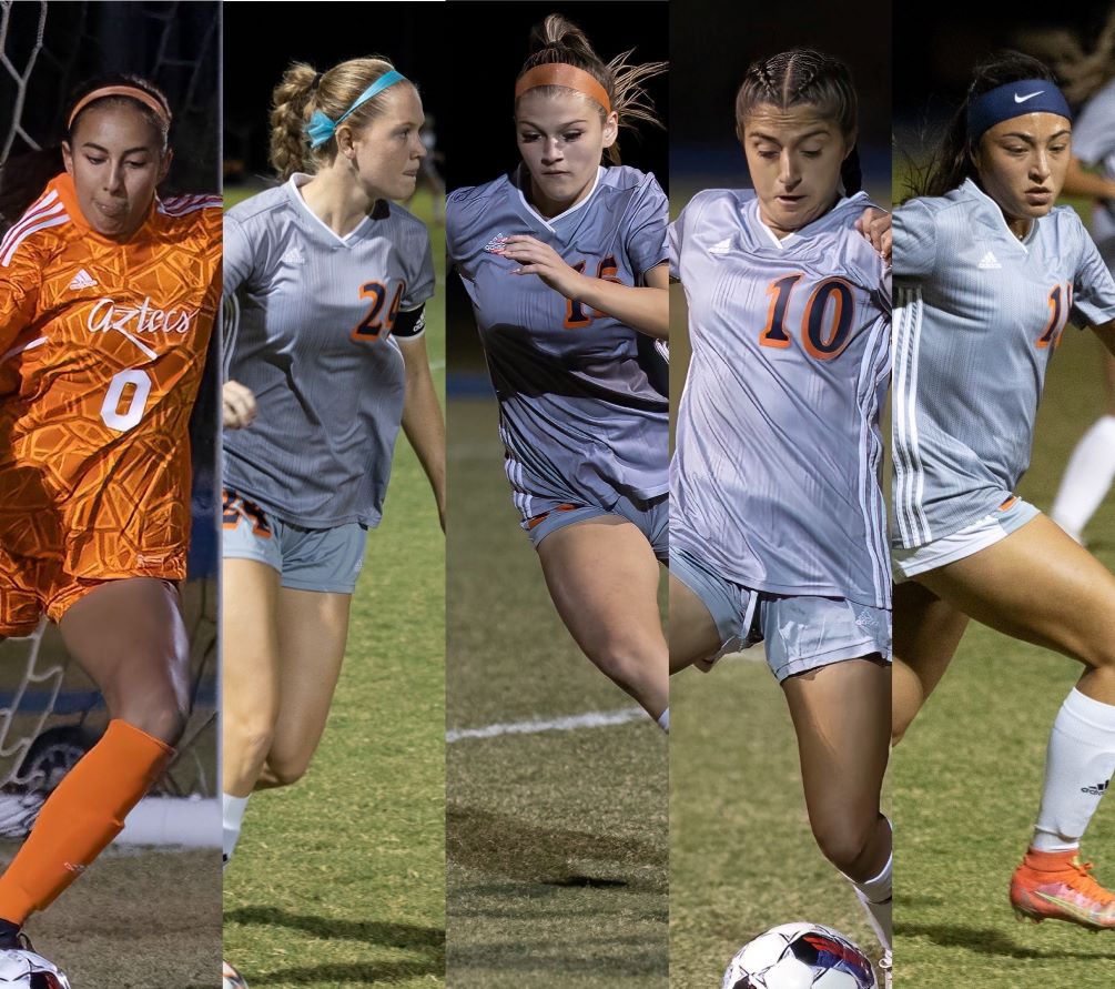 Sophomores Angelina Amparano (Salpointe Catholic HS), Bri Gerhart (Tanque Verde HS), Delaney Buntin (Cienega HS), Caitlyn Maher (Catalina Foothills HSA) and Alexus Mendez (Tucson Magnet HS) were named to the All-ACCAC and All-Region teams. The No. 2 seeded Aztecs will play at No. 1 Phoenix College on Saturday at 7:00 p.m. in the NJCAA Region I, Division II Finals. PHotos by Stephanie van Latum