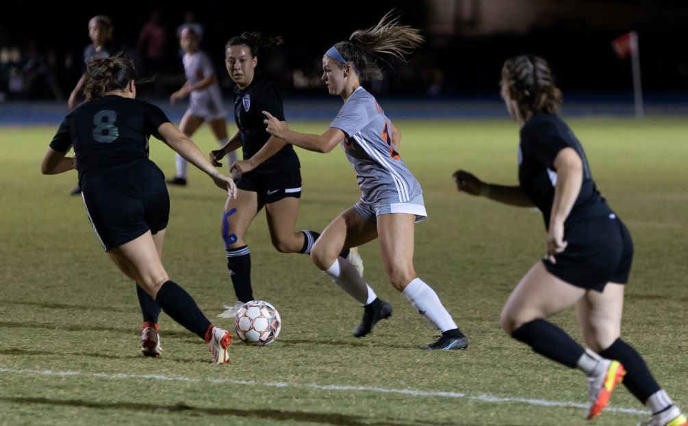 Sophomore Delaney Buntin (Cienega HS) produced a hat trick with goals in the 19th, 20th and 71st minutes as the No. 1 ranked Aztecs Women's Soccer team beat South Mountain Community College 7-0. The Aztecs improved to 5-0 overall and 2-0 in ACCAC conference play. They face off against No. 2 ranked Phoenix College on Saturday at the West Campus Aztec Field. Photo by Stephanie van Latum