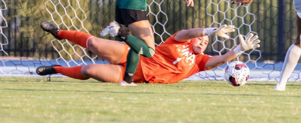 Sophomore Adriana Pacheco (Cienega HS) finished with one save as the Aztecs women's soccer team and Chandler-Gilbert Community College played to a scoreless tie. The Aztecs are now 4-4-2 and 3-2-2 in ACCAC conference play. Photo by Stephanie van Latum