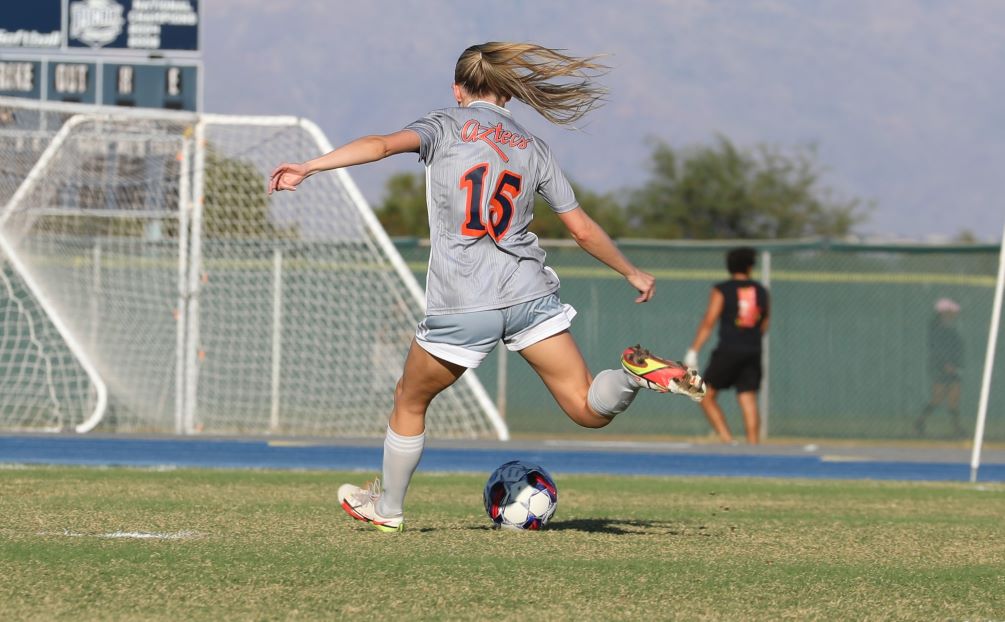 Sophomore Kyleigh Oliver (Salpointe Catholic HS) scored two goals for the Aztecs but Women's Soccer falls 4-2 at Eastern Arizona College. The Aztecs are 6-6-2 overall and 5-4-2 in ACCAC conference play. They will close out the regular season on Tuesday vs. South Mountain Community College at Aztec Field. Photo by Steve Escobar