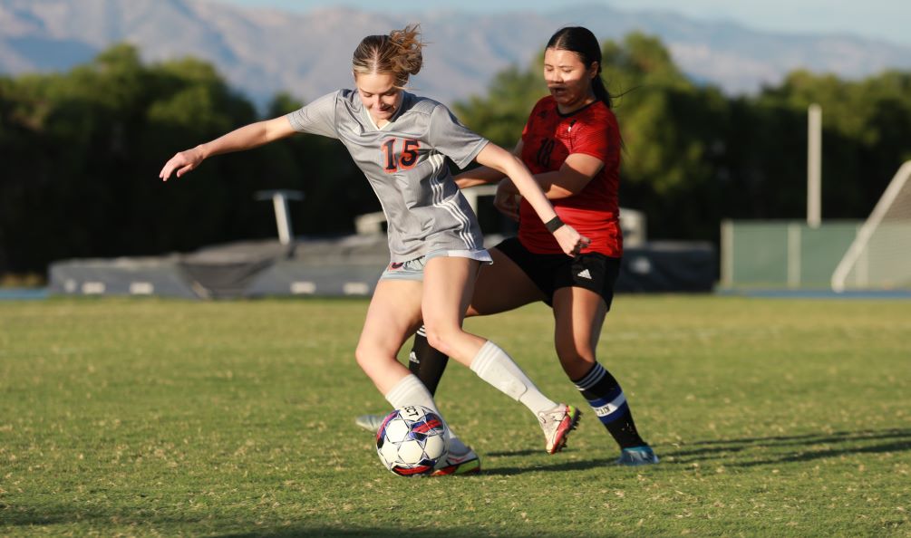 Sophomore Kyleigh Oliver (Salpointe Catholic HS) scored back-to-back goals in the first half as the Aztecs beat Paradise Valley Community College 7-1 for their third straight win. The Aztecs will continue ACCAC conference play next Saturday when they play at Chandler-Gilbert Community College. Photo by Steve Escobar