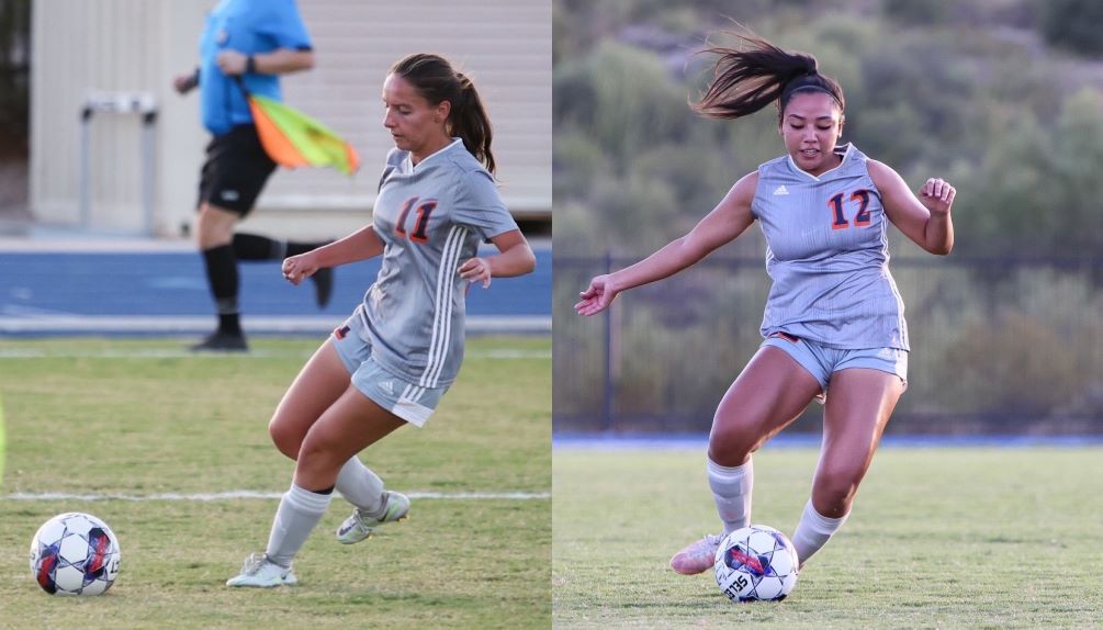 Freshman Solaris Graves had a hand in all three Pima goals (two goals and one assist) as the Aztecs Women's Soccer team blanked Mesa Community College 3-0. Sophomore Samantha Michel (Walden Grove HS) helped anchor a backfield that gave up one shot on goal. The Aztecs are 5-4-2 overall and 4-2-2 in ACCAC conference play. Photos by Stephanie van Latum