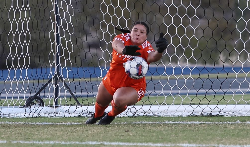 Sophomore Adriana Pacheco (Cienega HS) finished with eight saves but the Aztecs Women's Soccer team suffered their first loss since Sept. 9, falling to No. 9 ranked Arizona Western College 6-0. The Aztecs are now 6-5-2 overall and 5-3-2 in ACCAC conference play. They play at Eastern Arizona College on Saturday. Photo by Stephanie van Latum