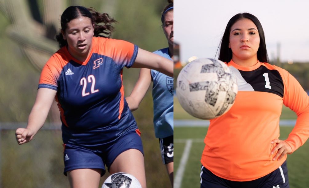 Aztecs women's soccer players Jessica Alvarez (Tucson Magnet HS) and Adriana Pacheco (Cienega HS) swept the ACCAC Conference Player and Goalkeeper of the Week awards for the week of Sept. 17-23. Alvarez scored three goals and had one assist while Pacheco played 104 minutes at the net and gave up no goals. Photos by Stephanie van Latum