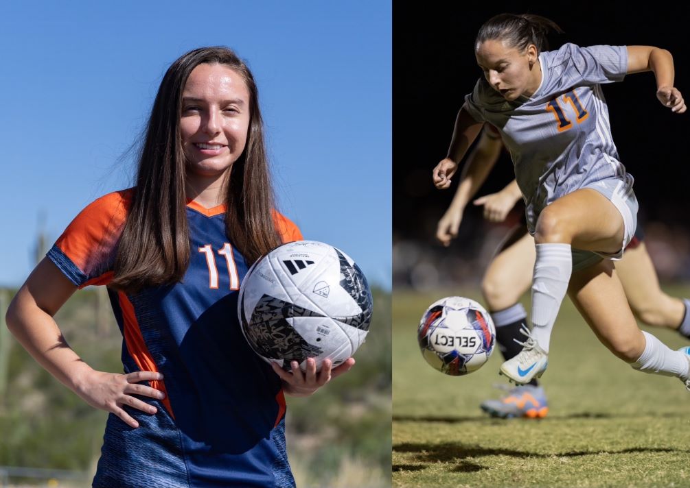 Sophomore midfielder Solaris Graves (Ironwood Ridge HS) was named ACCAC Division II Player of the Week after she scored the eventual game-winning goal last Saturday in Pima's 2-1 win at Glendale Community College. She has four goals and two assists this season. Photos by Stephanie van Latum