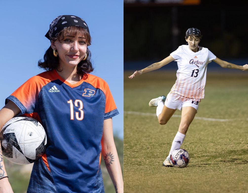 Sophomore defender Ariela Sanchez-Hermosillo (Sahuaro HS) was named ACCAC Division II Player of the Week as she did work on both sides of the pitch as she helped the Aztecs secure two shutout wins while also assisting in two goals against Paradise Valley Community College. Photos by Stephanie van Latum