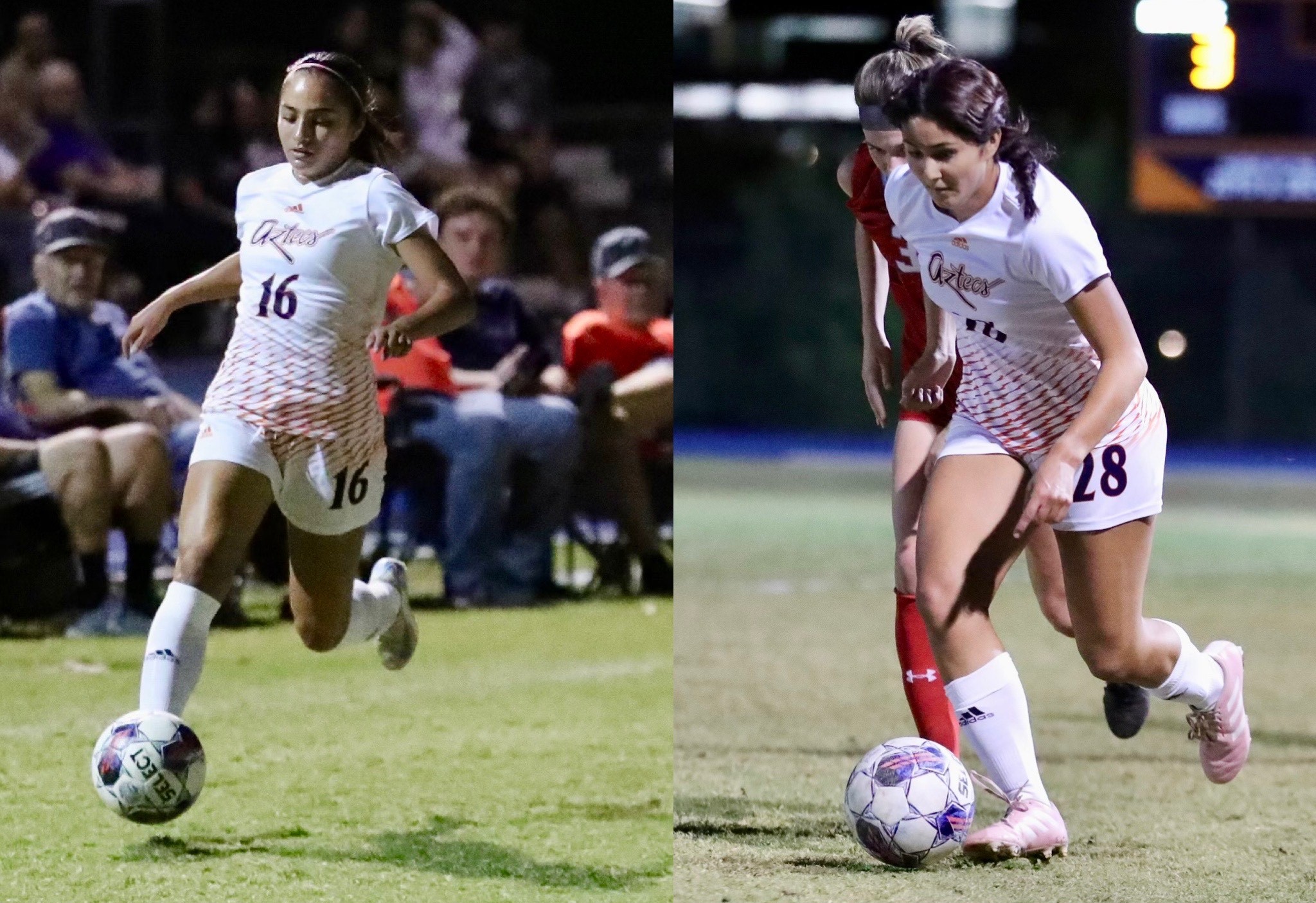 Freshmen Samantha Mendez (Tucson Magnet HS) and Dameris Canto-Parker (Sahuaro HS) were two of the six goal scorers as the No. 9 ranked Aztecs Women's Soccer team earned their seventh shutout victory of the season (third straight) as they beat Mesa Community College 6-0. The Aztecs are 9-2 on the season. Photos by Steve Escobar