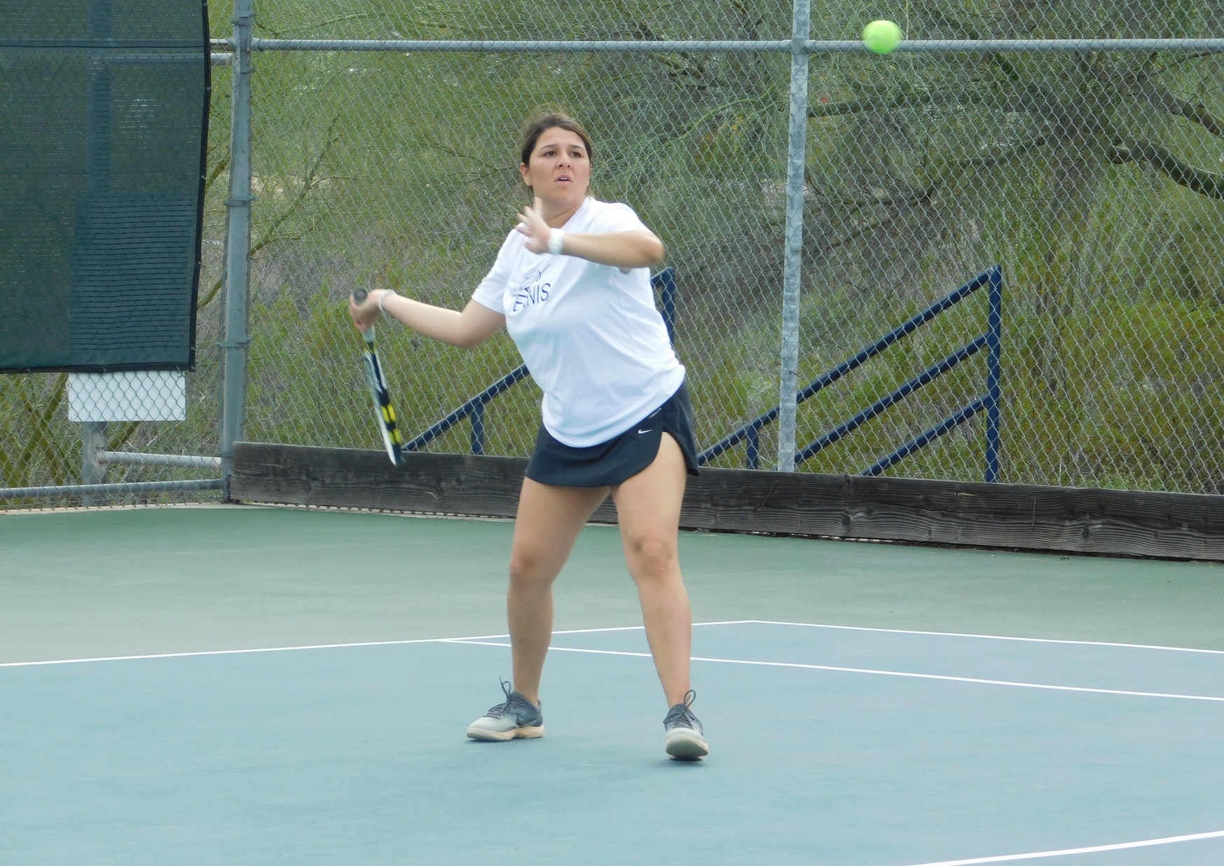 Freshman Valeria Miranda (Sunnyside HS) earned wins in singles and doubles competition on the day as the Aztecs women's tennis team downed Glendale Community College 7-2. The Aztecs improved to 4-3 on the season. Photo by Raymond Suarez