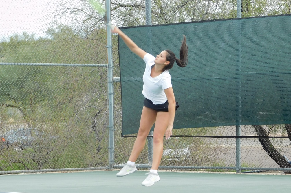 Freshman Melina Oropeza (Nogales HS) picked up a win at No. 2 singles as she beat Samantha Aley 6-1, 6-2. The Aztecs women's tennis team defeated Paradise Valley Community College 6-3. Pima is now 2-2 on the season. Photo by Raymond Suarez