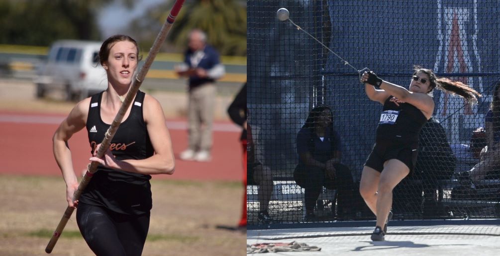 Freshman Jaida Olson (Pusch Ridge Christian HS) set a new Pima school record in the Pole Vault with a mark of 3.67 meters (12-feet, 0.50-inches). Sophomore Lucy Chavez (Bisbee HS) earned an NJCAA Outdoor National Qualifier in the Hammer throw with a college personal-best mark of 43.82 meters (143-9). Photos by Ben Carbajal and Raymond Suarez